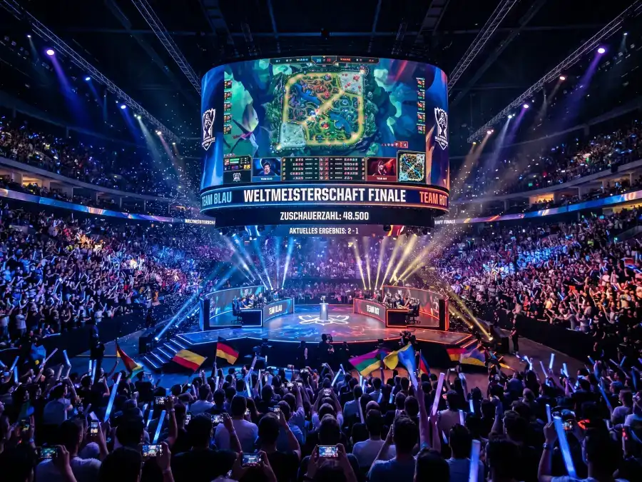 LoL Worlds Turnier in einer Esport-Arena mit Zuschauern und Bühnenbeleuchtung